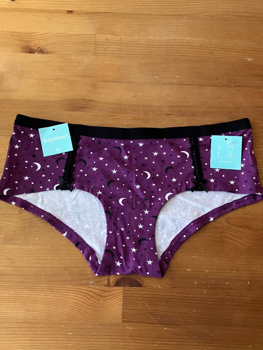 La La boyshort panties purple selestian pattern w/White stars&Black moons Sz M